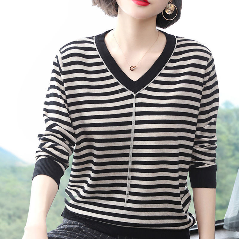 肚子洋气条纹针织衫春季2021年新款女装宽松打底衫薄款上衣 黑黄条纹