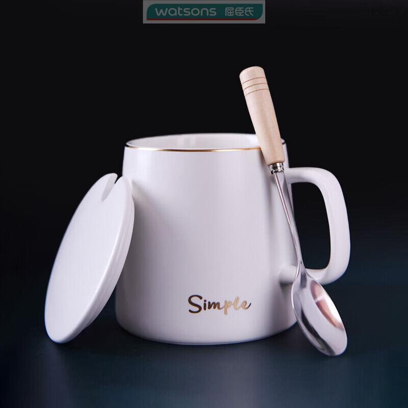 宰搂厂家直供传旗陶瓷马克杯带勺盖咖啡杯牛奶杯早餐杯办公杯 可乐杯红色550ml