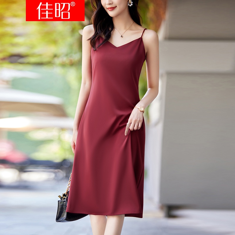 连衣裙女夏季2022新款时尚气质高端醋酸内搭打底长裙 大红色吊带裙 s