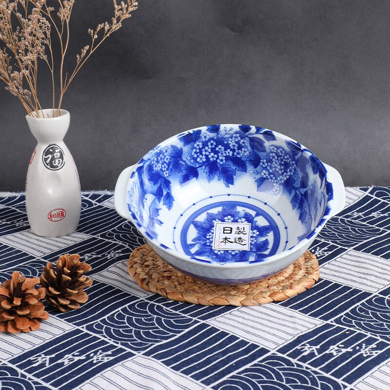有谷窑 日本进口陶瓷饭碗面碗菜盘汤盘瓷器餐具釉下彩套装日式餐具汤碗 花鸽19cm双耳面碗