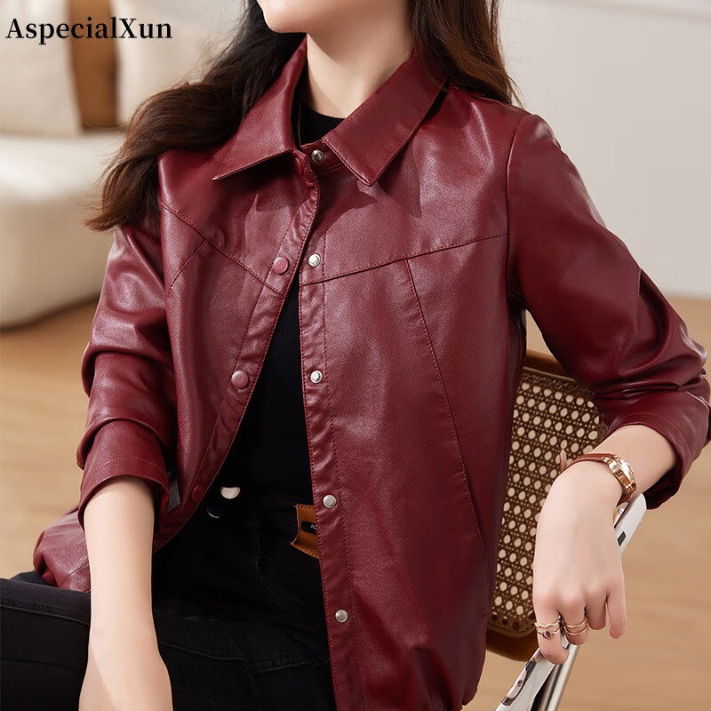 阿逊特（AspecialXun）2023新款皮衣女短款春秋韩版宽松显瘦网红夹克休闲外套漂亮上衣潮 红色 4XL【130-140斤】属于什么档次？