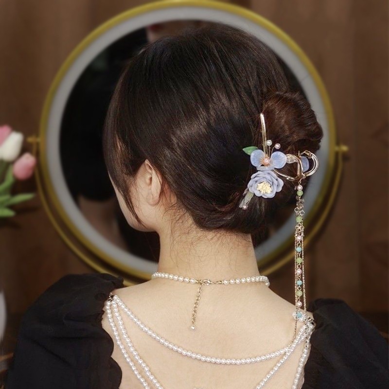 飞花鲨鱼夹古风发夹后脑勺抓夹蝴蝶流苏发夹子头发旗袍发卡女汉服头饰