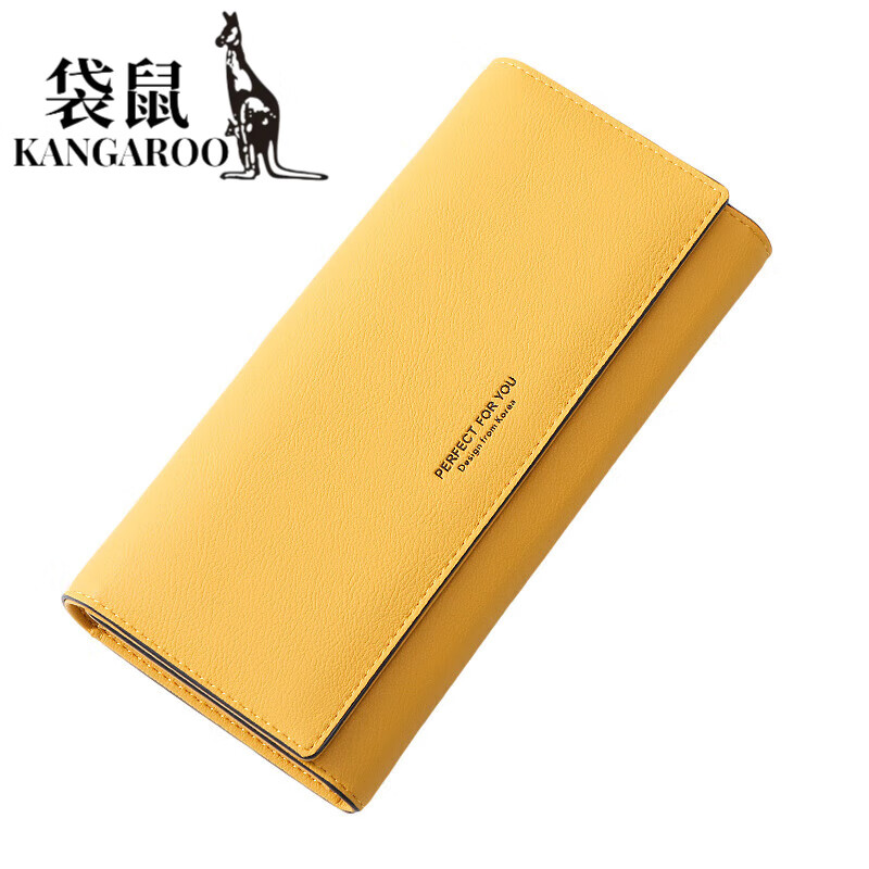 袋鼠2024新款时尚纯色简约女士长款钱包百搭手拿包黄色钱夹 黄色
