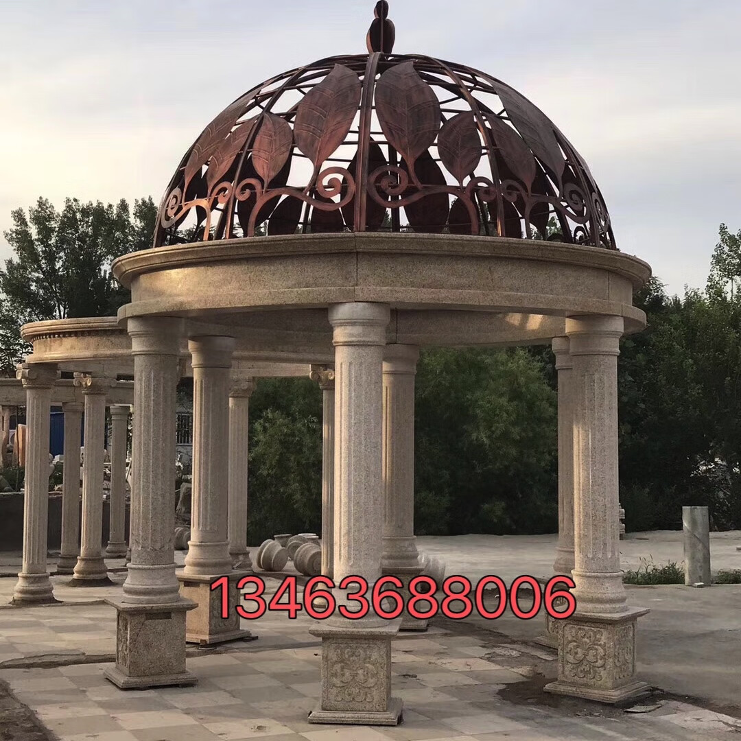 石雕欧式凉亭小区园林花岗岩晚霞红圆形凉亭黄锈石亭子带靠背装饰