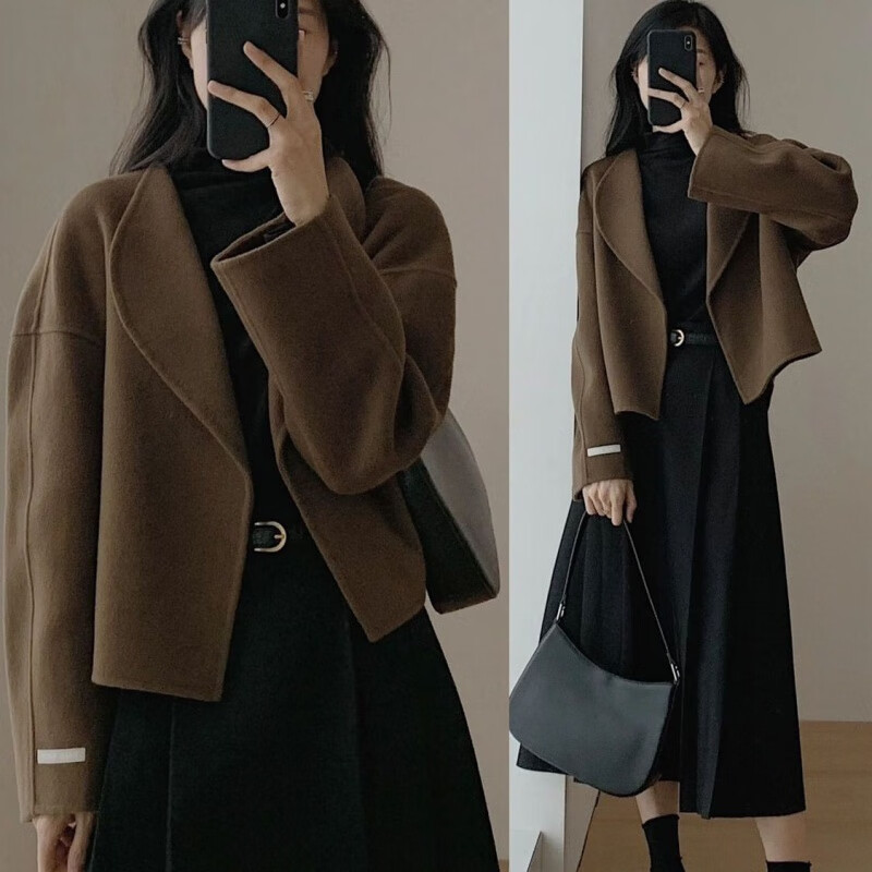 温柔穿搭整套搭配裙子小香风奶乖套装外套女秋冬 咖啡色外套 黑色裙子