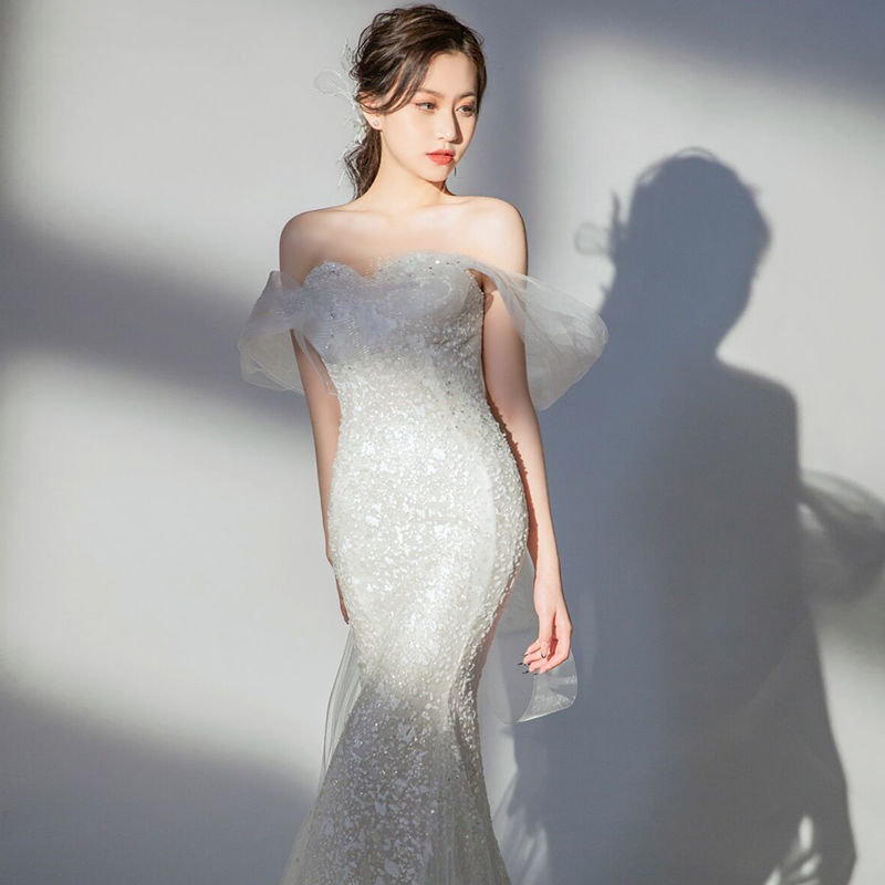 仔新款星空鱼尾森系法式迎宾轻婚纱晚礼服裙新娘拖尾气质一字肩 白色