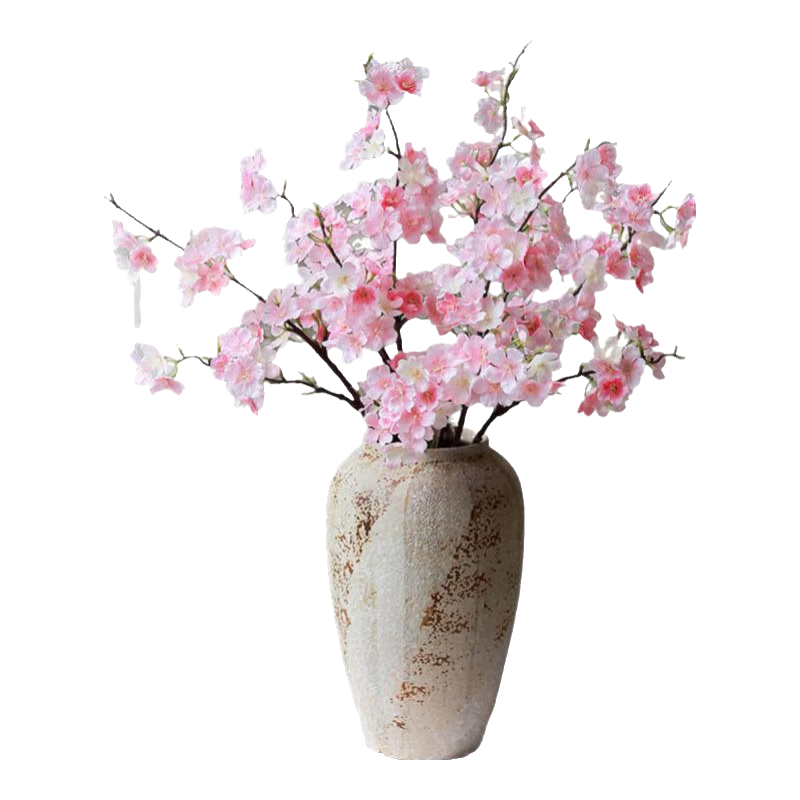 黛莉森高檔仿真櫻花客廳假花裝飾擺件桃花樹枝餐桌花插花家居拍攝道具 5枝淺粉+斑駁中式陶罐