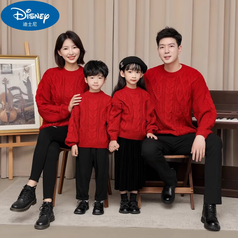 迪士尼（Disney）亲子装一家三口秋冬毛衣母子母女装2023新款秋季全家装加厚针织衫 红色 XL