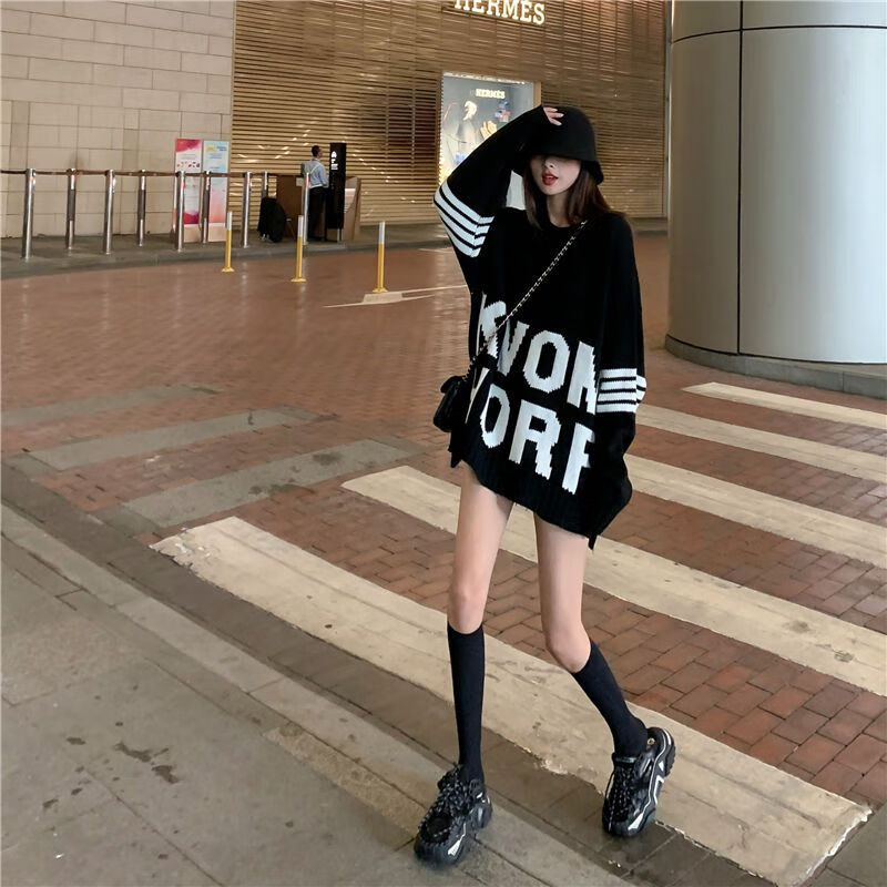 hiwish鲨鱼裤搭配上衣毛衣慵懒风韩版学生女慵懒bf港风字母撞色毛秋冬