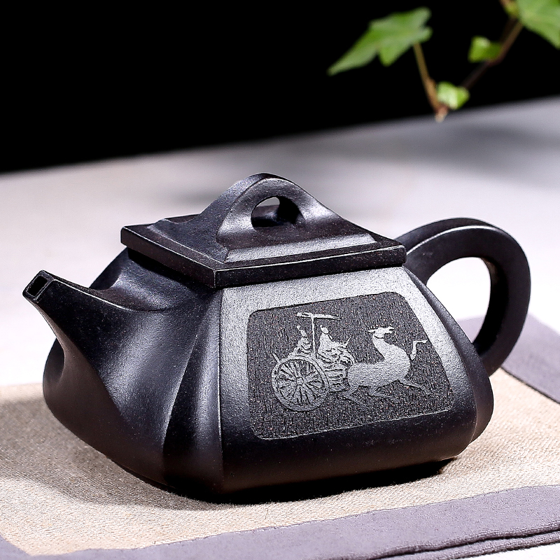仙袋  宜兴紫砂壶 纯全手工收藏级刻绘茶壶 黑泥 黑泥抽角四方石瓢壶