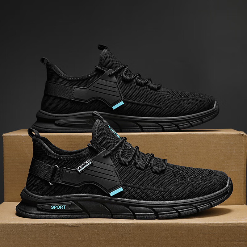 男鞋运动鞋春季透气网鞋飞织网面轻便休闲跑步鞋子男 黑蓝 39/245