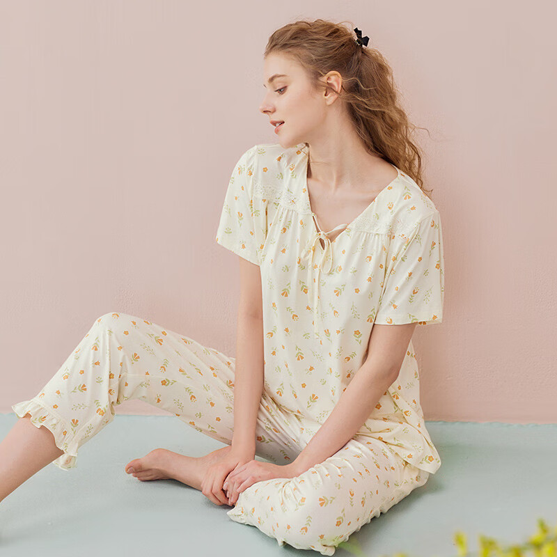 玛伦萨短袖睡衣女纯棉夏季新款V领小碎花宽松家居服长裤薄款套装 紫花 M
