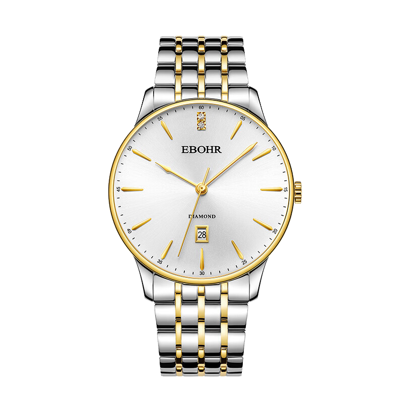 依波（EBOHR）情侶手表雙日歷超薄防水鋼帶表時(shí)尚男女對表十大名表新年生日禮物 間金白面男款【禮盒裝】21064119 專柜同款 送禮甄選