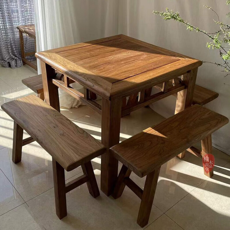 花柏哲高端八仙桌全实木榫卯结构榆木 老榆木方桌八仙桌餐桌实木 八仙