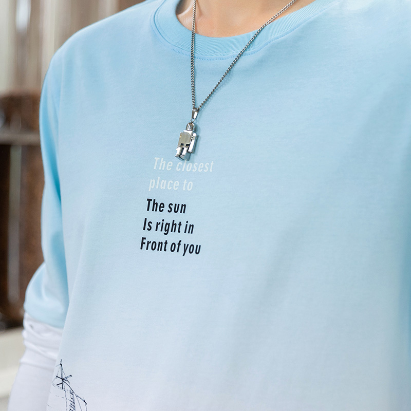 TEEK渐变长袖t恤男装春秋款上衣服 秋冬季男士秋装体恤休闲印花打底衫 JAC5B蓝白色 M