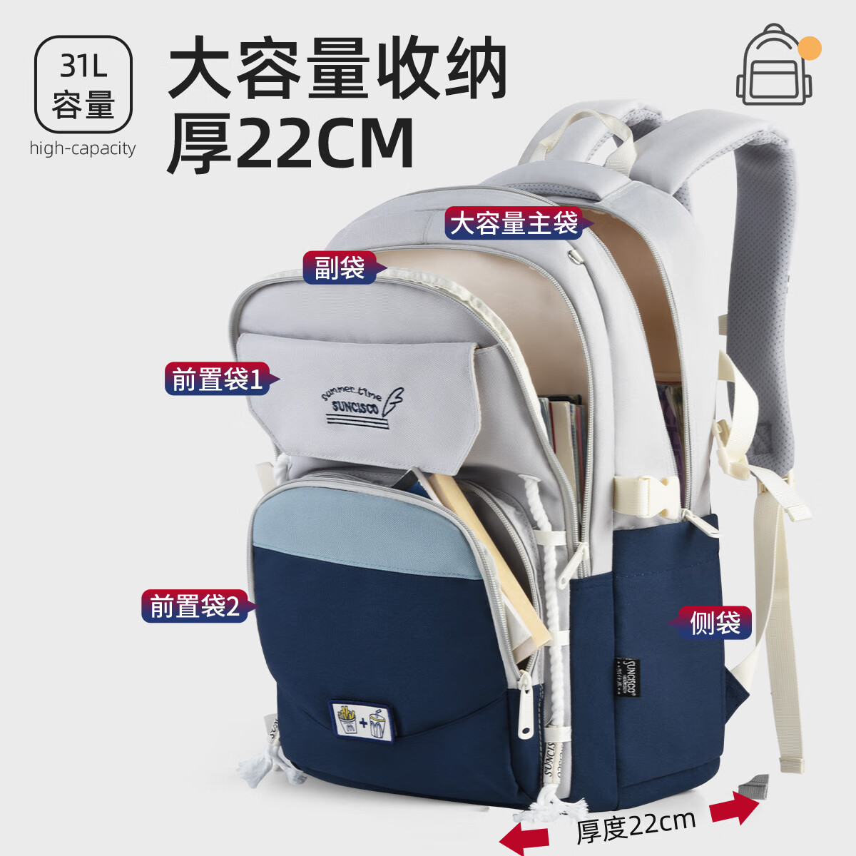 新仕高(SUNCISCO)书包初中生女双肩背包高中大学生轻便减负大容量可放15.6英寸电脑 CFL0132宝蓝配浅灰适合155-180CM