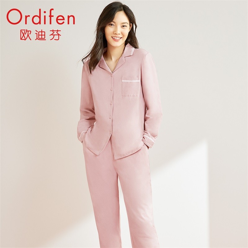 欧迪芬睡衣家居服女2021年秋季新品休闲时尚女士家居服套装柔棉翻领