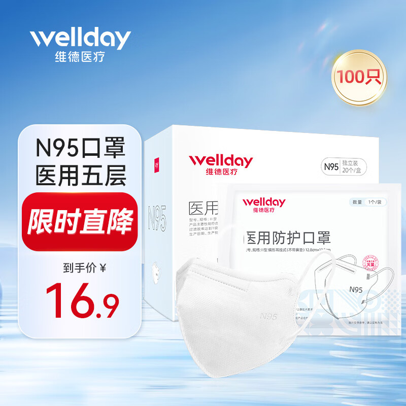 维德（WELLDAY）N95折叠式医用防护口罩3D立体灭菌独立装粉尘冬季口罩防病毒雾霾 【医用级N95】成人独立装100只 五层防护