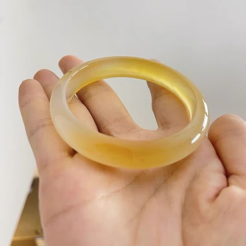 初缘玉手镯女A货冰种飘花黄玉髓手镯送老婆女友本命年生日礼物 64-65适合130-140斤