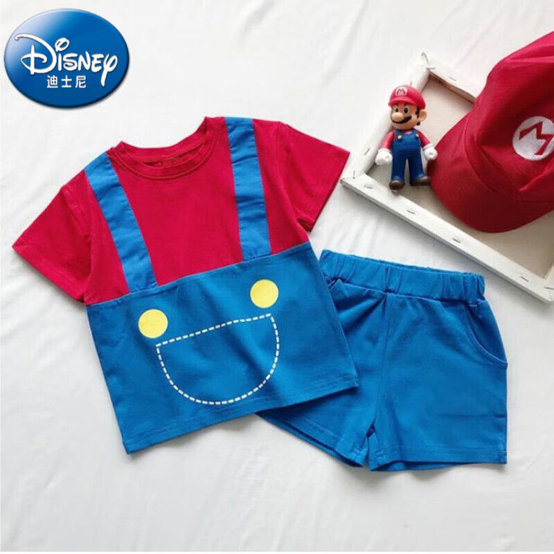 迪士尼(disney)马里奥衣服儿童套装男女童超级玛丽短裤短袖连衣裙兄妹