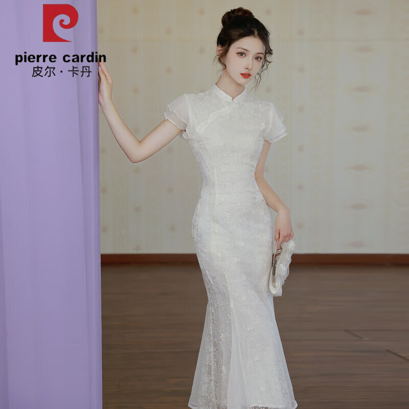 皮尔卡丹（pierre cardin）新中式旗袍鱼尾裙子小礼服轻婚纱日常可穿夏季白色连衣裙女感 米白色 S