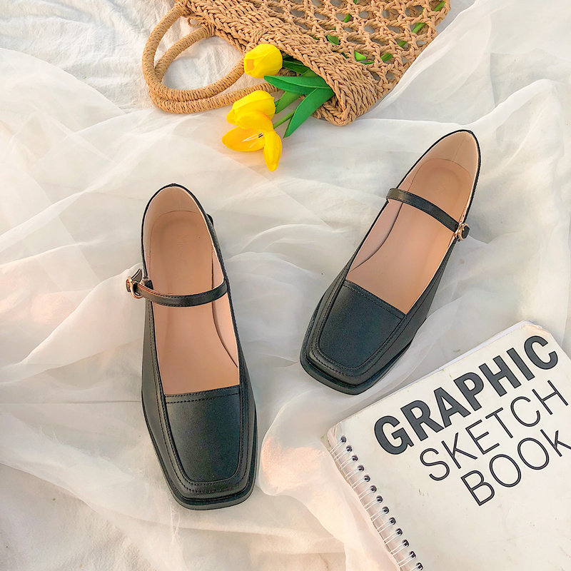 日系小皮鞋女生学生jk圆头方头单鞋浅口一字扣少女复古百搭玛丽珍高跟