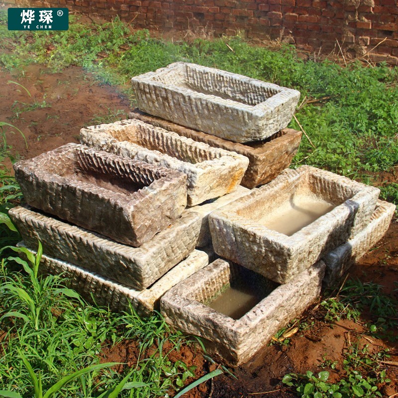 烨琛 石头花盆老石槽鱼缸阳台水景旧水槽庭院户外摆件猪槽石盆流水