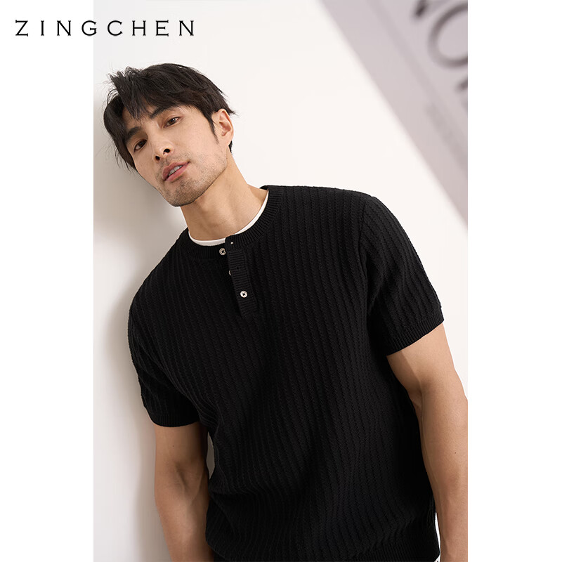 zingchen【重工六股长绒棉】硬汉亨利领t恤 男士廓形休闲毛织短袖