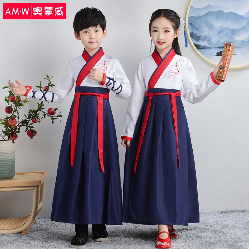 奥蒙威 儿童古装汉服表演服国学服朗诵合唱男女书童中国风服装小学生演出服AMW-ER-BY05红领直袖120属于什么档次？