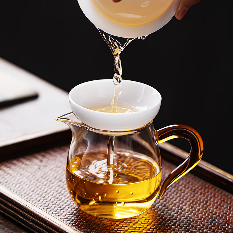 流影日式玻璃公道杯耐热家用茶海分茶器透明公杯加厚高档功夫茶具茶盅 企鹅公道杯-绿把450ml+分体式茶漏套组