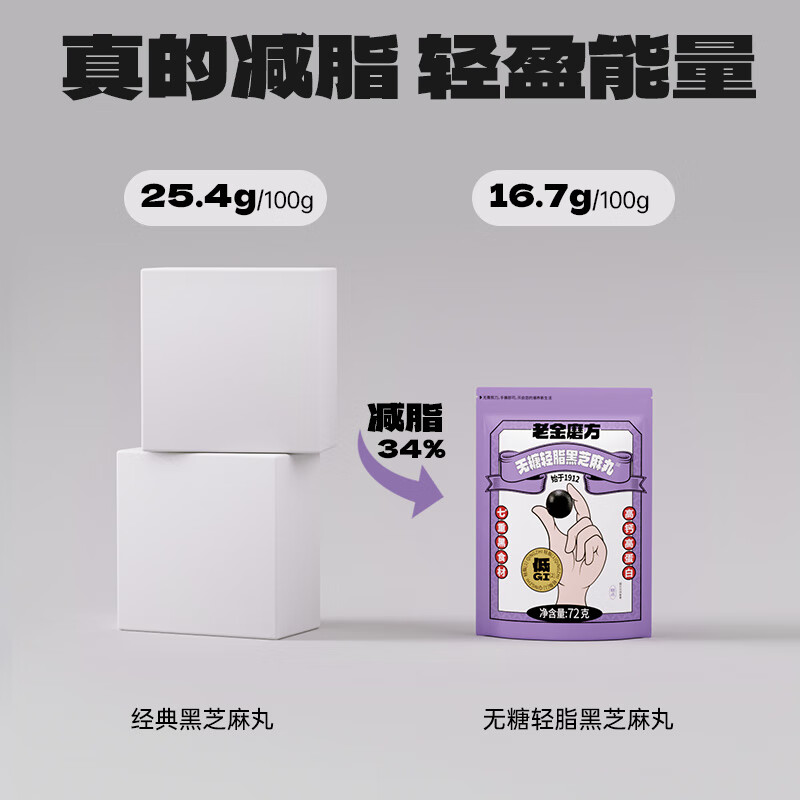 老金磨方【黑金系列】黑芝麻丸72g芝麻球高纤高钙高蛋白即食零食糕点 【无糖轻脂款72g】