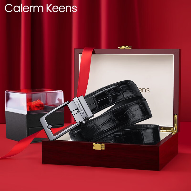 Calermkeens男士皮带男商务休闲真鳄鱼皮无孔情人节腰带国际十大品牌奢侈礼品 枪色-黑色鳄鱼皮【实木礼盒】 120cm 其他尺码联系客服