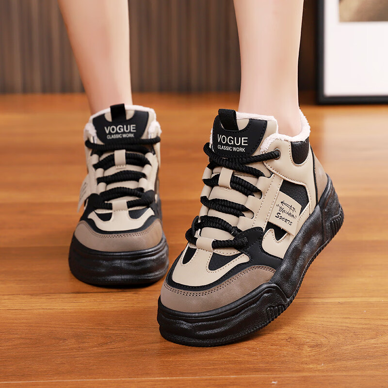 犸凯奴2023年秋季新款时尚潮流轻便百搭加绒运动休闲鞋女款 卡其 35