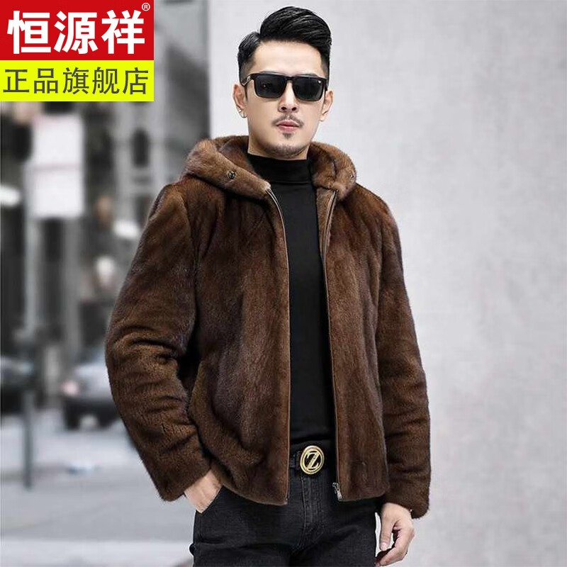 男装美国进口水貂毛皮毛一体男装裘皮整貂连帽皮草外套新款品牌皮草冬