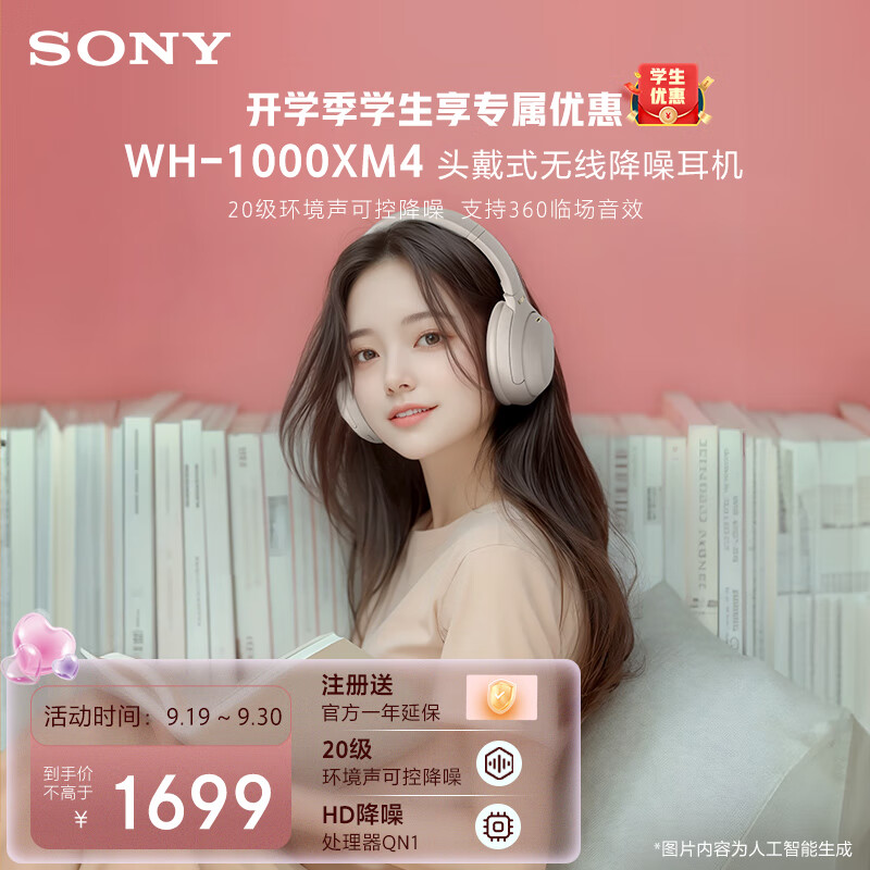 索尼（SONY）WH-1000XM4 无线智能降噪 头戴耳机 蓝牙5.0（1000XM3升级款）铂金银 适用于苹果/安卓系统