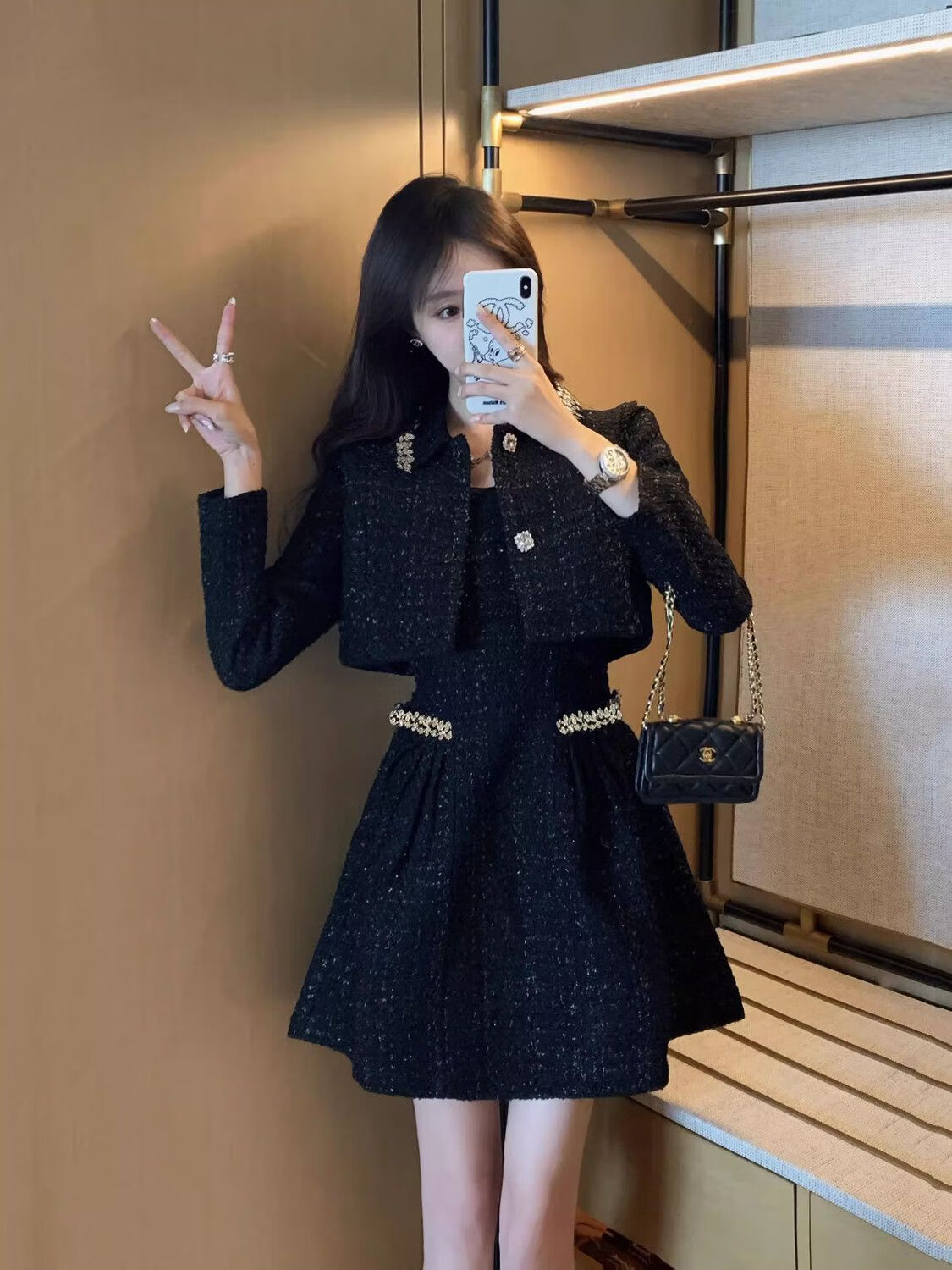 云翔四海小香风套装女秋装2023小众设计感气质复古黑色裙子两件套