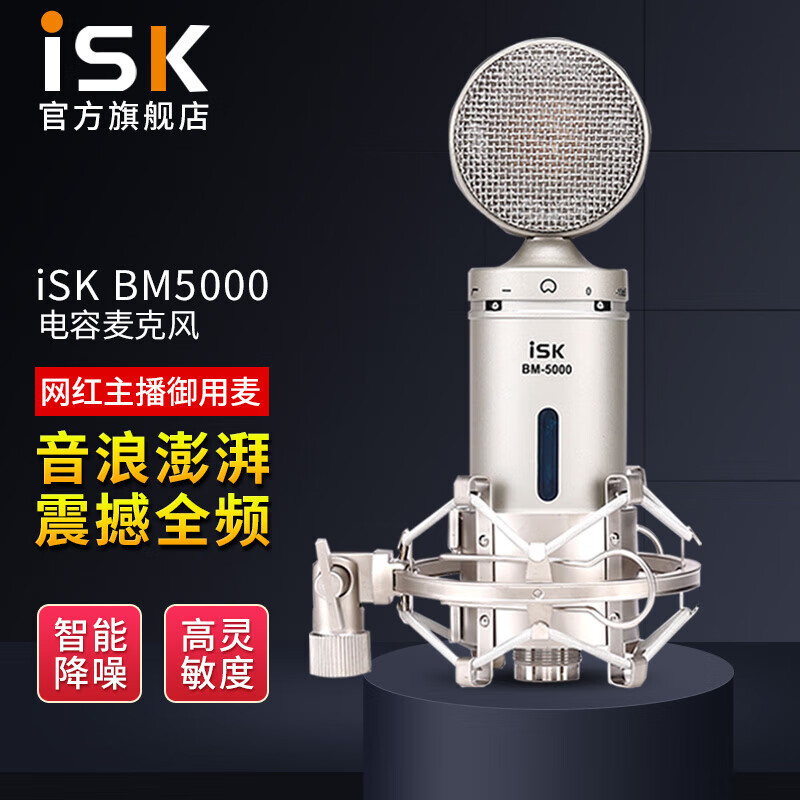 ISK BM-5000大振膜48V电容麦克风话筒主播抖音全民K歌专业直播设备电脑手机直播录音喊麦声卡套装可选 bm5000单品（套装可选）