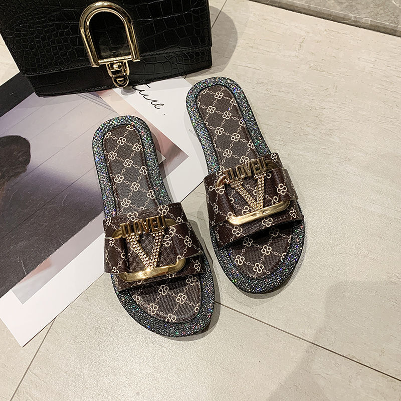 【精选】夏季新款外出学生拖鞋女平底时尚百搭网红女士凉拖鞋外穿ins潮鞋佐欧雅 棕褐色 V女鞋 一般是拍大2个码数
