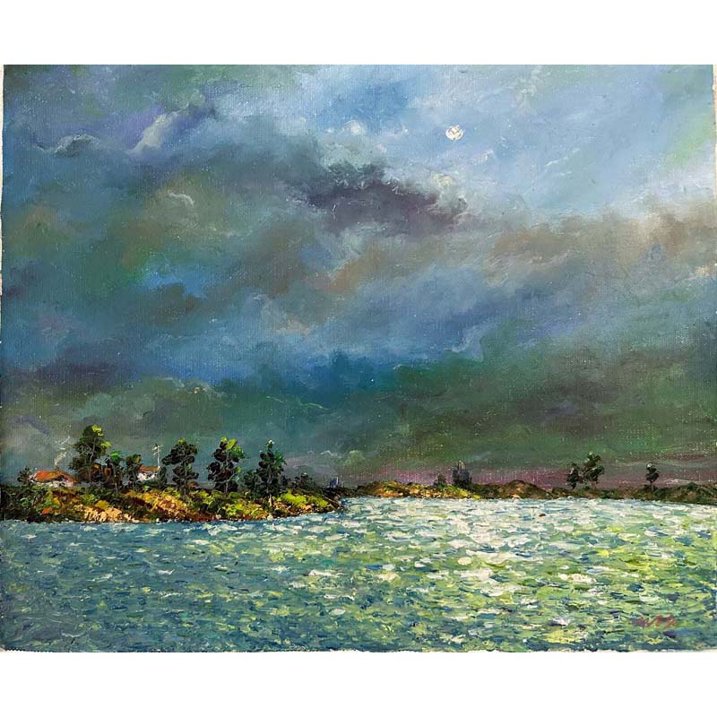 朝鲜老油画功勋画家崔英男51x43cm《海角明月》客厅书房装饰收藏