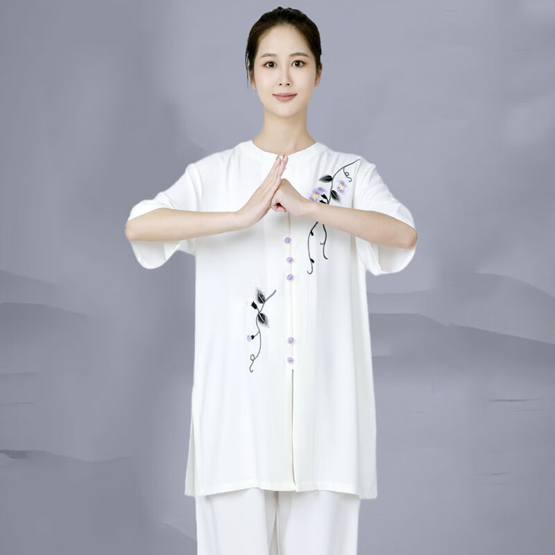 夏季休闲款太极服新式改良短袖女士健身气功练功表演服白色武术服