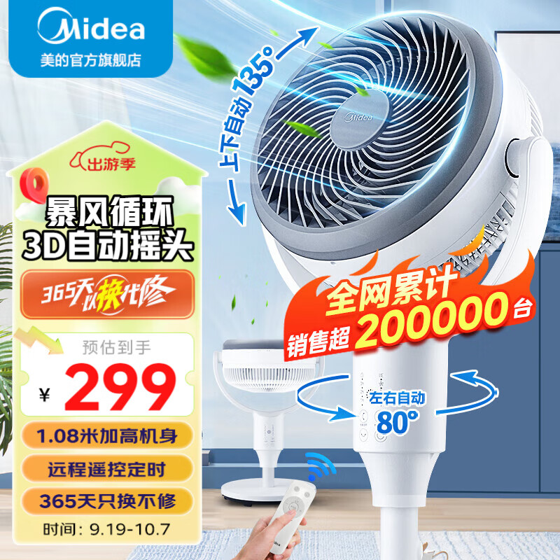 美的（Midea）电风扇 空气循环扇家用立式遥控落地扇涡轮换气扇循环对流3D摇头电扇轻音低噪大风力节能风扇 GAG24JR【旗舰单品 3D摇头】