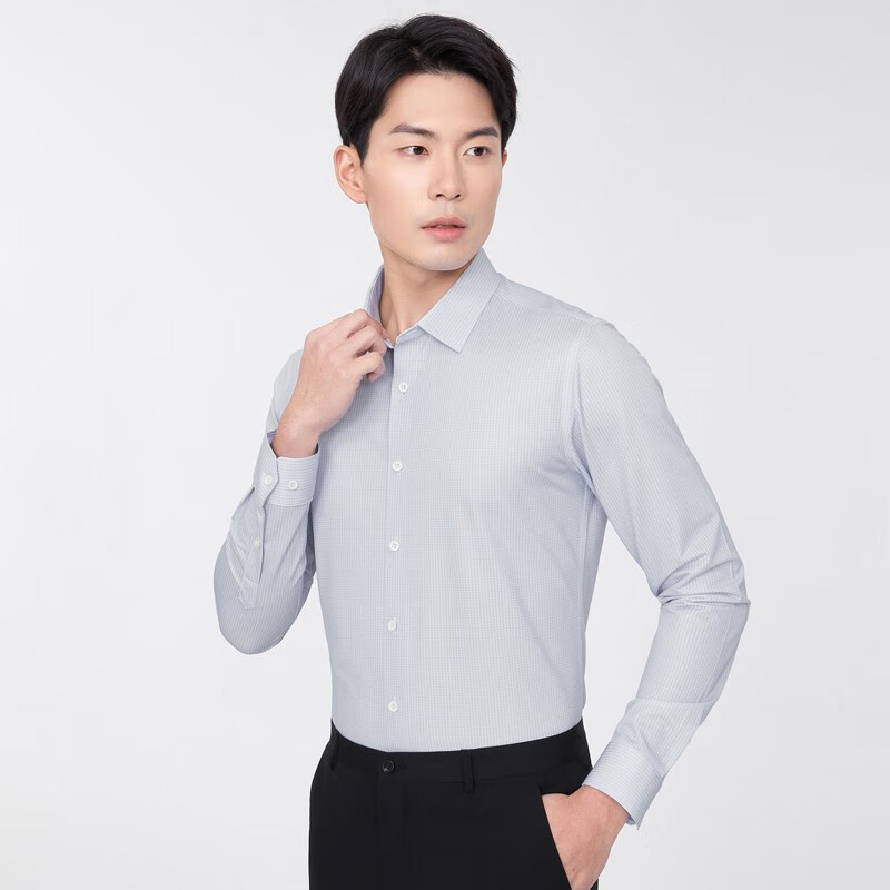 莱克斯顿男装2025春季新款格纹长袖衬衫男修身免烫商务衬衣男上衣 浅绿 M