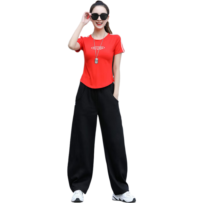 貝茲曼夏季新款廣場(chǎng)舞服裝運(yùn)動(dòng)套裝女鬼步舞服裝棉短袖闊腿褲休閑套裝 紅衣黑褲 L (100斤-108斤)
