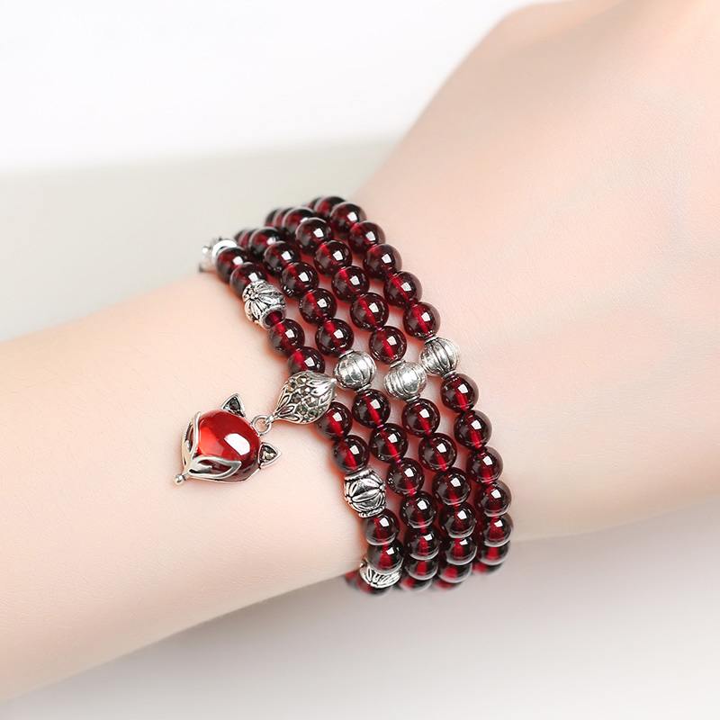 佩曼 【附证书】红石榴手链石榴石女多圈银三圈本命年水晶玛瑙酒红手