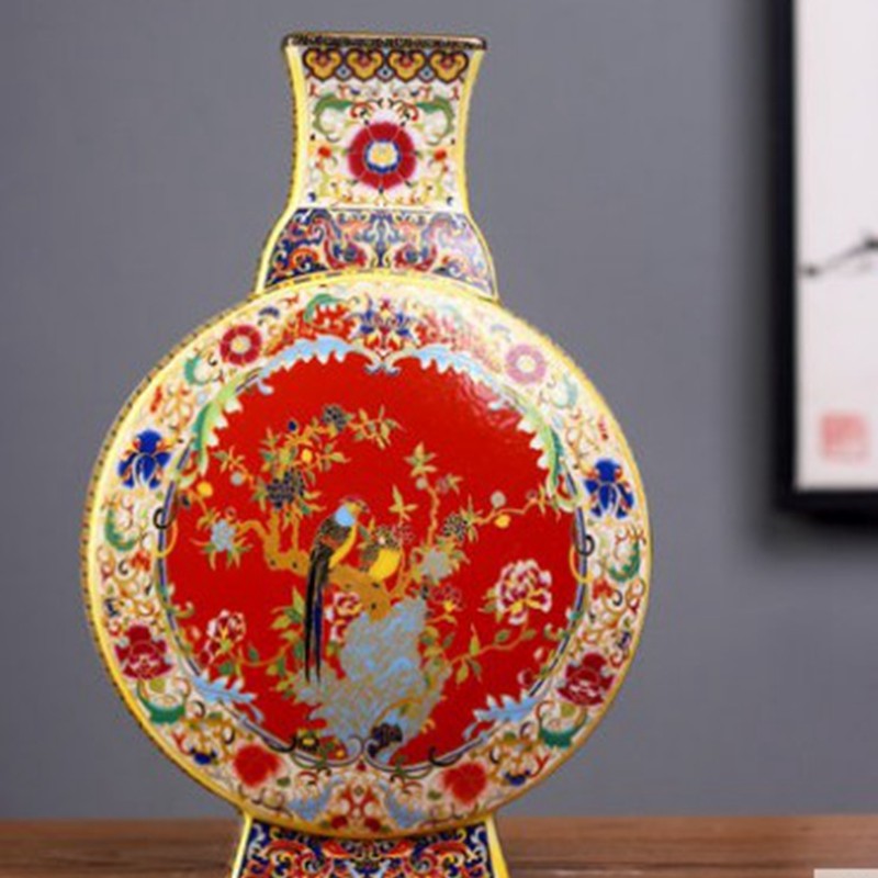 页山夆景德镇仿古董陶瓷器珐琅彩花瓶新中式乾隆客厅装饰品六方玄关