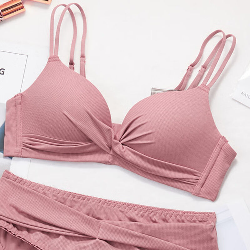 clolv kissck&内衣女性感深v小胸聚拢无钢圈舒适文胸罩套装 粉色单件