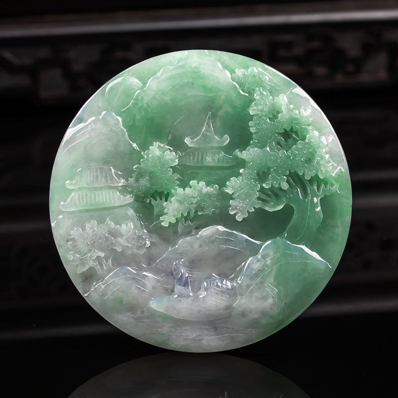 亲恒荟官方【附证书】翡翠山水牌吊坠水润春彩精雕山水圆牌玉石77