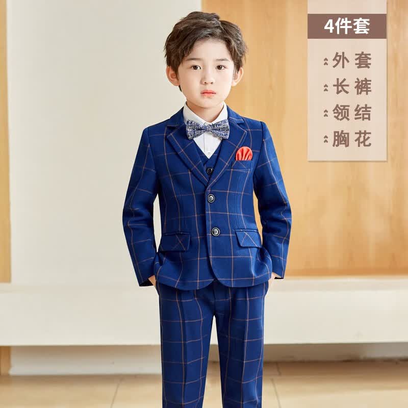 温格奥儿童西装礼服男花童西服小主持人服装男套装演出服钢琴表演服正装 蓝格外套+长裤+领结+胸花 150cm建议体重58-68斤使用感如何?