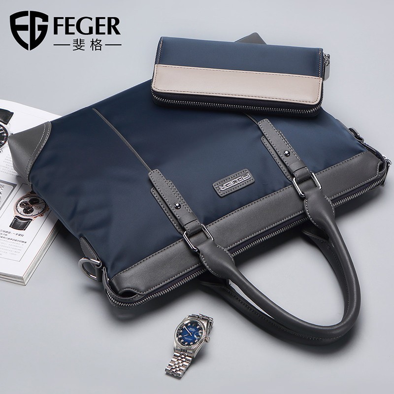 斐格男士手提包 男包公文包商务横款大容量电脑包公事包防泼水休闲单肩斜挎包 蓝色加大版（送 时尚款手包）