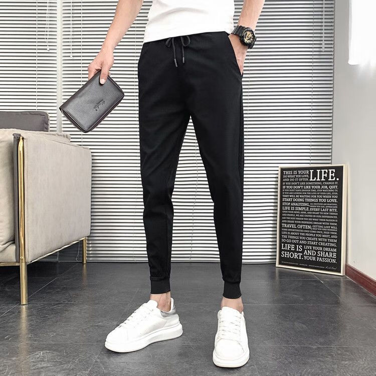 茜立里束脚裤男裤束口收脚收口修体闲裤春夏款黑色裤子男修身男士百搭